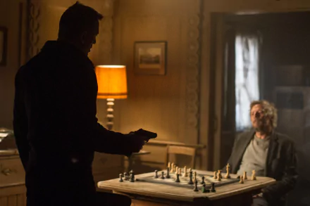 HD PC desktop wallpaper featuring a tense scene from the James Bond movie Spectre, with Daniel Craig and Jesper Christensen as Mr. White facing off over a chessboard.