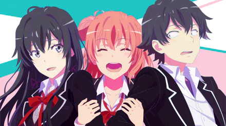 An HD wallpaper featuring Hachiman Hikigaya, Yui Yuigahama, and Yukino Yukinoshita from the anime My Teen Romantic Comedy SNAFU in their school uniforms with colorful background.