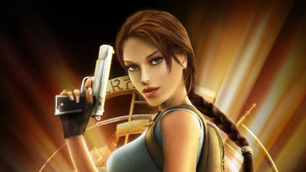 HD PC desktop wallpaper featuring Lara Croft from the video game Tomb Raider: Anniversary, showcasing her in a dynamic pose with a gun and braided hair.
