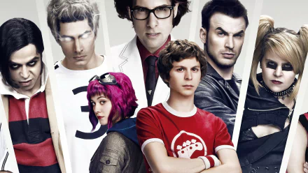 HD PC desktop wallpaper featuring main characters from the movie Scott Pilgrim vs. the World, showcasing their distinctive styles and expressions.