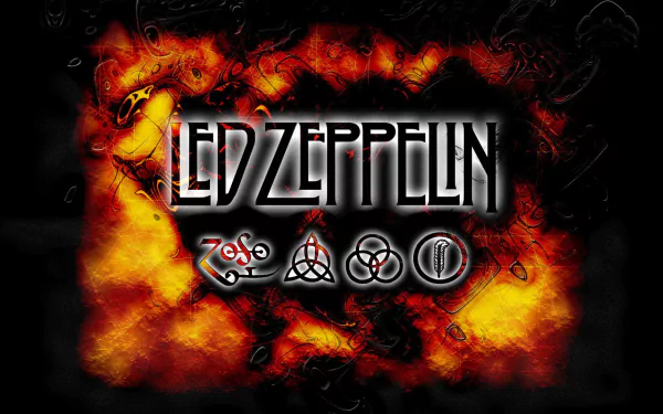 A vibrant HD wallpaper featuring the iconic Led Zeppelin logo against a fiery background, showcasing symbols associated with the legendary rock band.