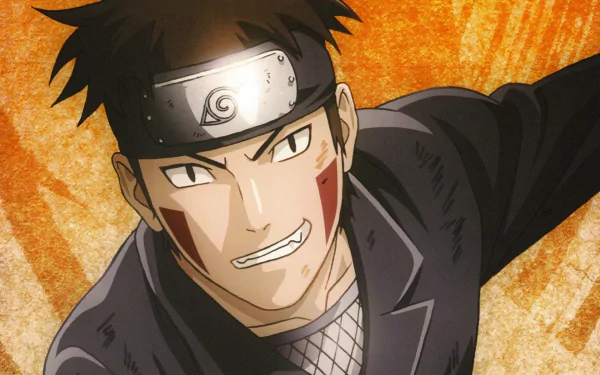 Kiba Inuzuka from the anime Naruto, depicted in an action pose against a vibrant orange background, makes a dynamic HD desktop wallpaper.
