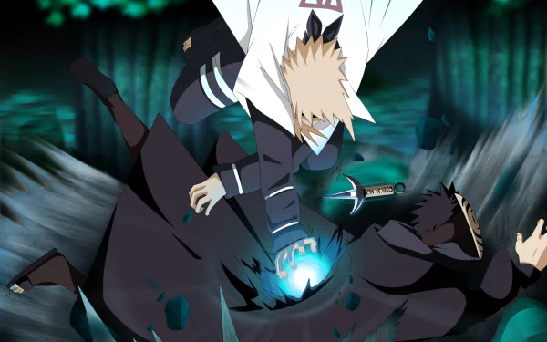 HD wallpaper featuring Minato Namikaze about to strike Obito Uchiha with a Rasengan. This dynamic anime scene is from Naruto.