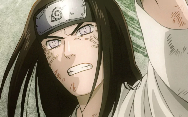 Neji Hyūga from the anime Naruto, depicted intensely with a fierce expression, showcasing his determination. This HD wallpaper captures the essence of his character in vivid detail.