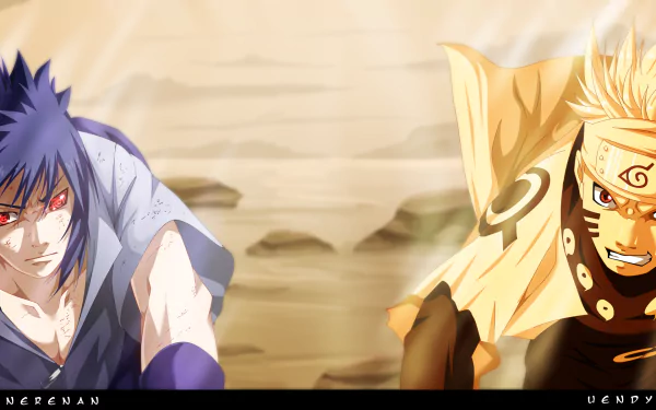Dynamic HD wallpaper featuring Naruto Uzumaki and Sasuke Uchiha in an intense showdown, showcasing their iconic abilities: the Sage of Six Paths and Mangekyō Sharingan.
