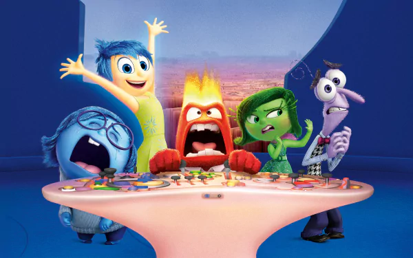 Colorful HD wallpaper featuring the emotions Fear, Disgust, Anger, Sadness, and Joy from the movie Inside Out, gathered around a table with expressive gestures.