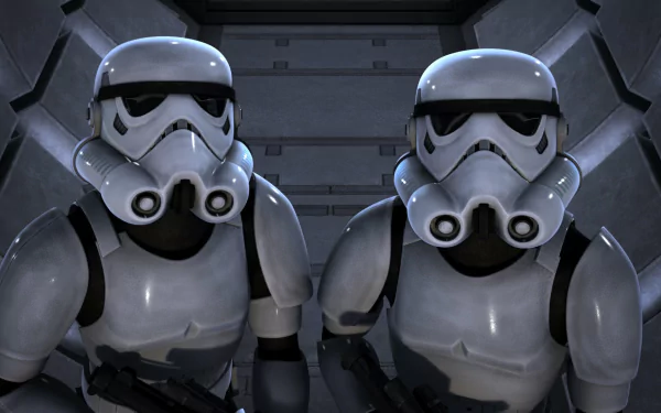 Two stormtroopers from the TV show Star Wars Rebels pose in a sleek, high-definition background, capturing the essence of the iconic franchise.