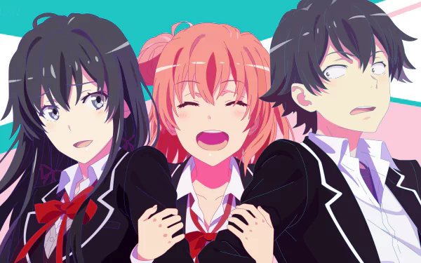 An HD wallpaper featuring Hachiman Hikigaya, Yui Yuigahama, and Yukino Yukinoshita from the anime My Teen Romantic Comedy SNAFU in their school uniforms with colorful background.