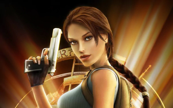 HD PC desktop wallpaper featuring Lara Croft from the video game Tomb Raider: Anniversary, showcasing her in a dynamic pose with a gun and braided hair.