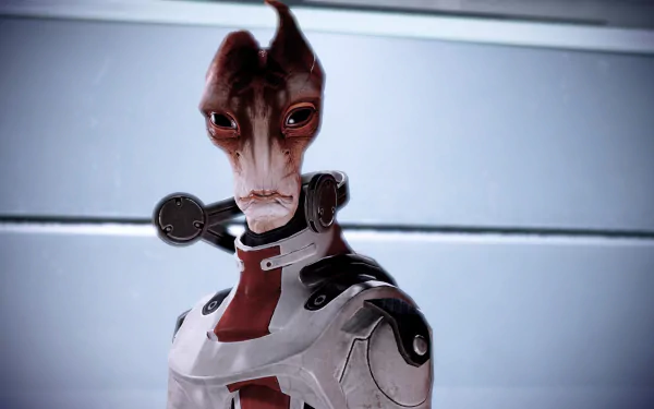 HD desktop wallpaper featuring Mordin Solus from Mass Effect 2, a character posed against a blurred background.