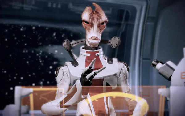 HD wallpaper featuring Mordin Solus from Mass Effect 2, set against a spaceship interior background.