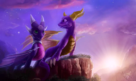 4K Ultra HD wallpaper featuring Cynder and Spyro dragons from The Legend of Spyro: Dawn of the Dragon, set against a vibrant sunset sky on a cliff edge.