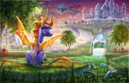 A vibrant HD wallpaper featuring Spyro, the dragon, in a lush landscape with a castle in the background, capturing the essence of the iconic video game character.