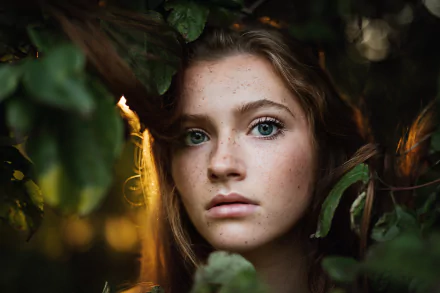 Close-up of a brunette model with blue eyes and freckles framed by leaves, captured in stunning 8K Ultra HD quality for a striking PC desktop wallpaper.