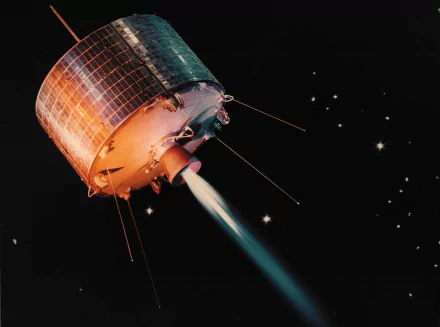 A stunning HD wallpaper featuring a NASA satellite in space, showcasing the intricate details of its design against a backdrop of stars and the satellite's propulsion system.