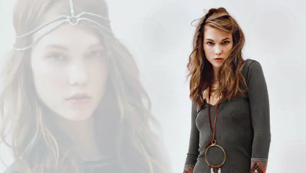 HD desktop wallpaper featuring celebrity Karlie Kloss with a soft-focus portrait in the background and a casual, stylish look in the foreground.