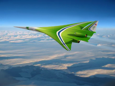 Futuristic green concept aircraft by Lockheed Martin and NASA, soaring above clouds in a clear blue sky, featured as an HD desktop wallpaper and background.