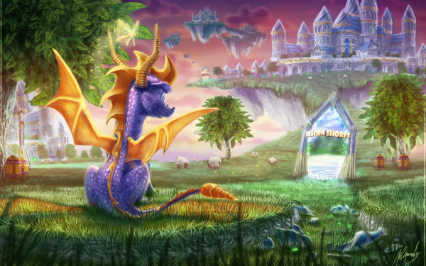 A vibrant HD wallpaper featuring Spyro, the dragon, in a lush landscape with a castle in the background, capturing the essence of the iconic video game character.