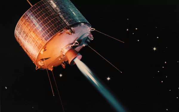 A stunning HD wallpaper featuring a NASA satellite in space, showcasing the intricate details of its design against a backdrop of stars and the satellite's propulsion system.