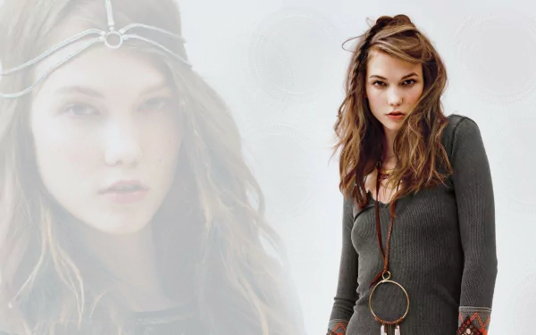 HD desktop wallpaper featuring celebrity Karlie Kloss with a soft-focus portrait in the background and a casual, stylish look in the foreground.