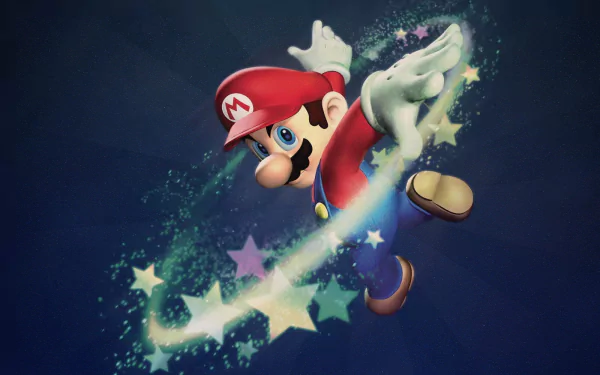 HD PC desktop wallpaper/background: Mario from the video game Super Mario Galaxy soars through space, trailing a sparkling ribbon of stars against a dark blue backdrop.