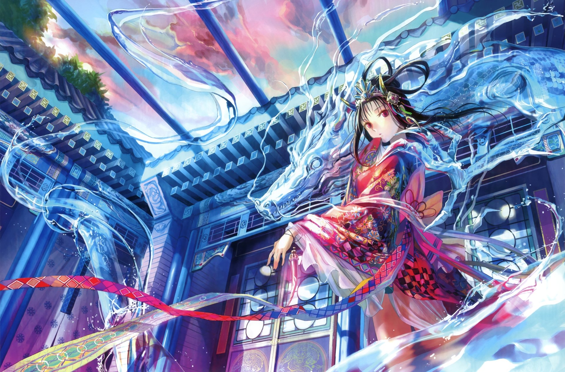 A vibrant HD anime wallpaper featuring a character in a flowing dress, surrounded by ethereal, swirling blue elements, set against a richly detailed background.