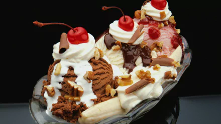 HD desktop wallpaper featuring a classic banana split with scoops of chocolate, vanilla, and strawberry ice cream, topped with whipped cream, cherries, nuts, and chocolate pieces.