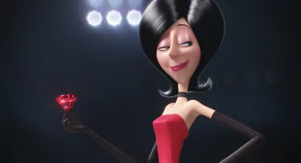 HD desktop wallpaper featuring Scarlet Overkill from the movie Minions, holding a red gem and striking a confident pose against a dark background.