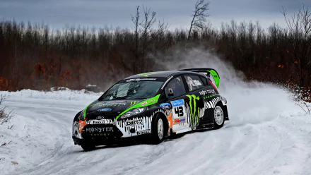 HD PC desktop wallpaper featuring a Ford Fiesta rally car racing on a snowy, forested track with tire smoke trailing behind.