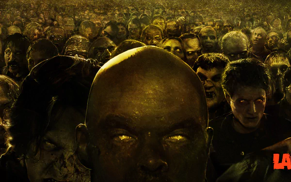 A haunting HD wallpaper from the movie Land of the Dead, featuring a crowd of eerie zombies with glowing eyes, creating an intense, apocalyptic atmosphere.