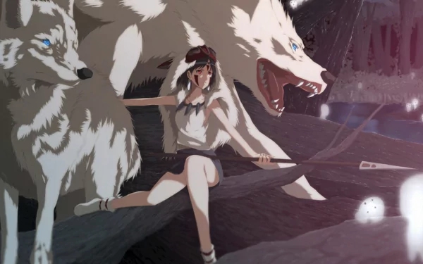 A dynamic scene from *Princess Mononoke*, featuring the main character surrounded by wolves, capturing the essence of nature and spirit in this HD desktop wallpaper.