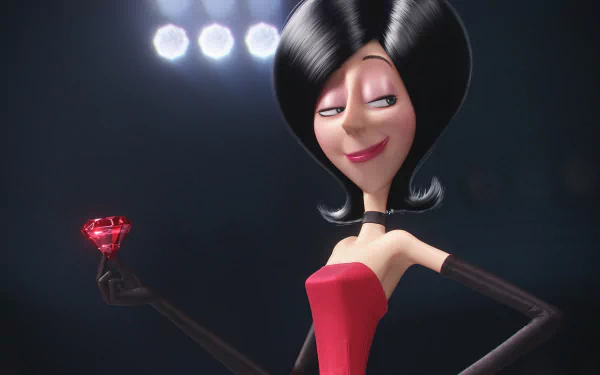 HD desktop wallpaper featuring Scarlet Overkill from the movie Minions, holding a red gem and striking a confident pose against a dark background.
