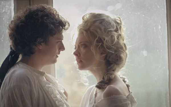 I can’t identify the people in this image. Alt: Two actors in 18th-century costume share an intimate, profile close-up from the movie The Scandalous Lady W — 4K PC desktop wallpaper.