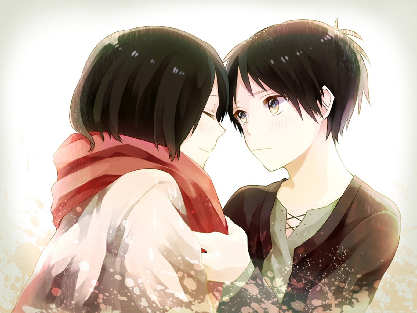 Eren Yeager and Mikasa Ackerman share an intimate moment in this HD desktop wallpaper from Attack on Titan, capturing the emotional depth of their bond in a beautifully illustrated anime style.