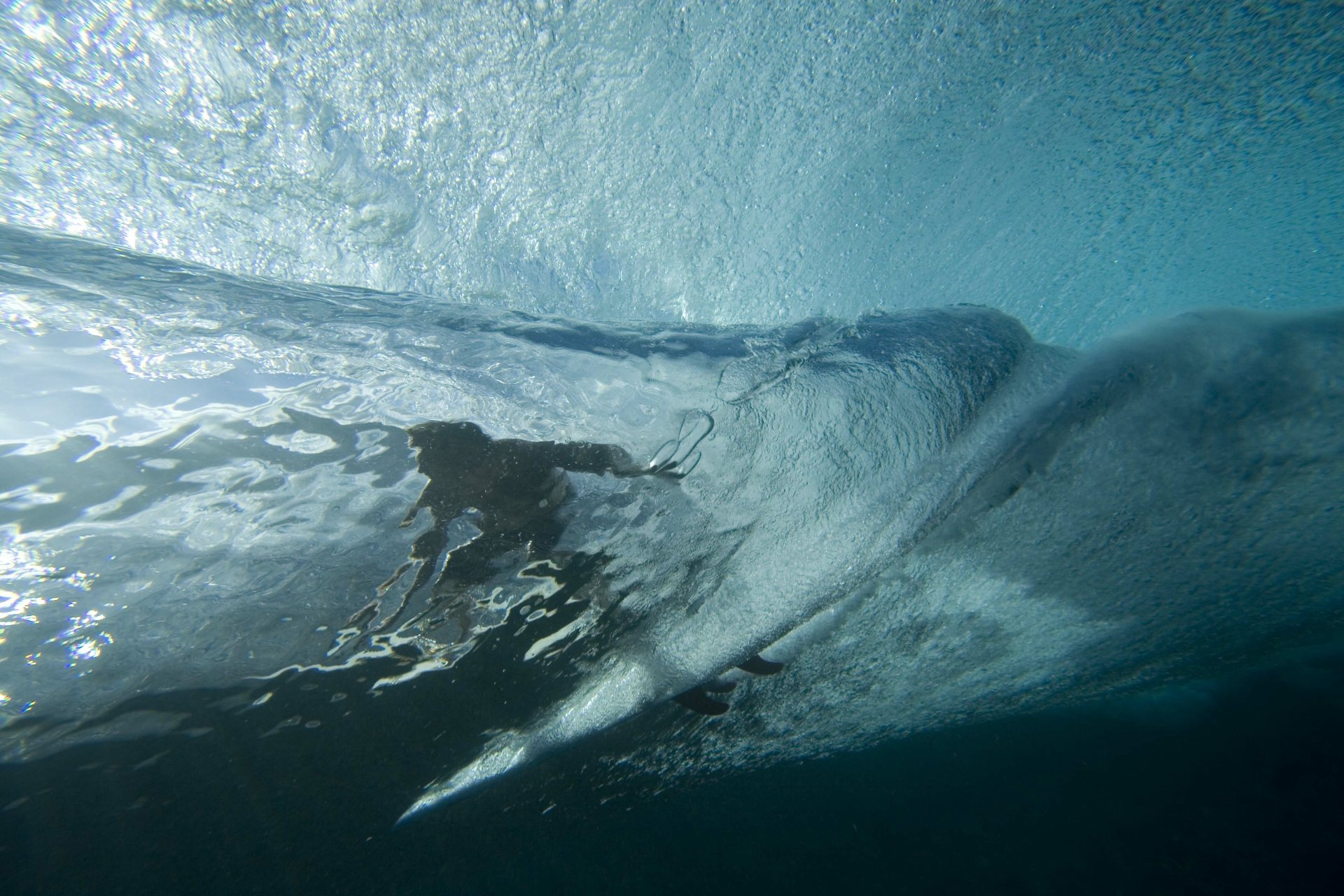 Underwater view of a surfer riding inside a translucent wave barrel with dynamic blue water textures — 2K Quad HD PC desktop wallpaper and background, surfing sports.