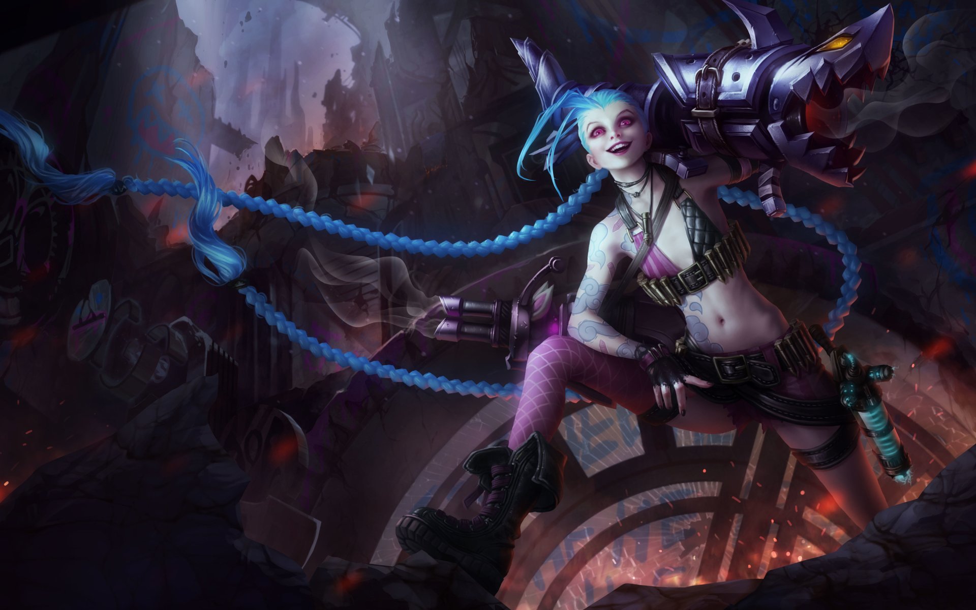 HD PC desktop wallpaper featuring Jinx from League of Legends in a dynamic pose with explosive weapons against a dark, apocalyptic background.
