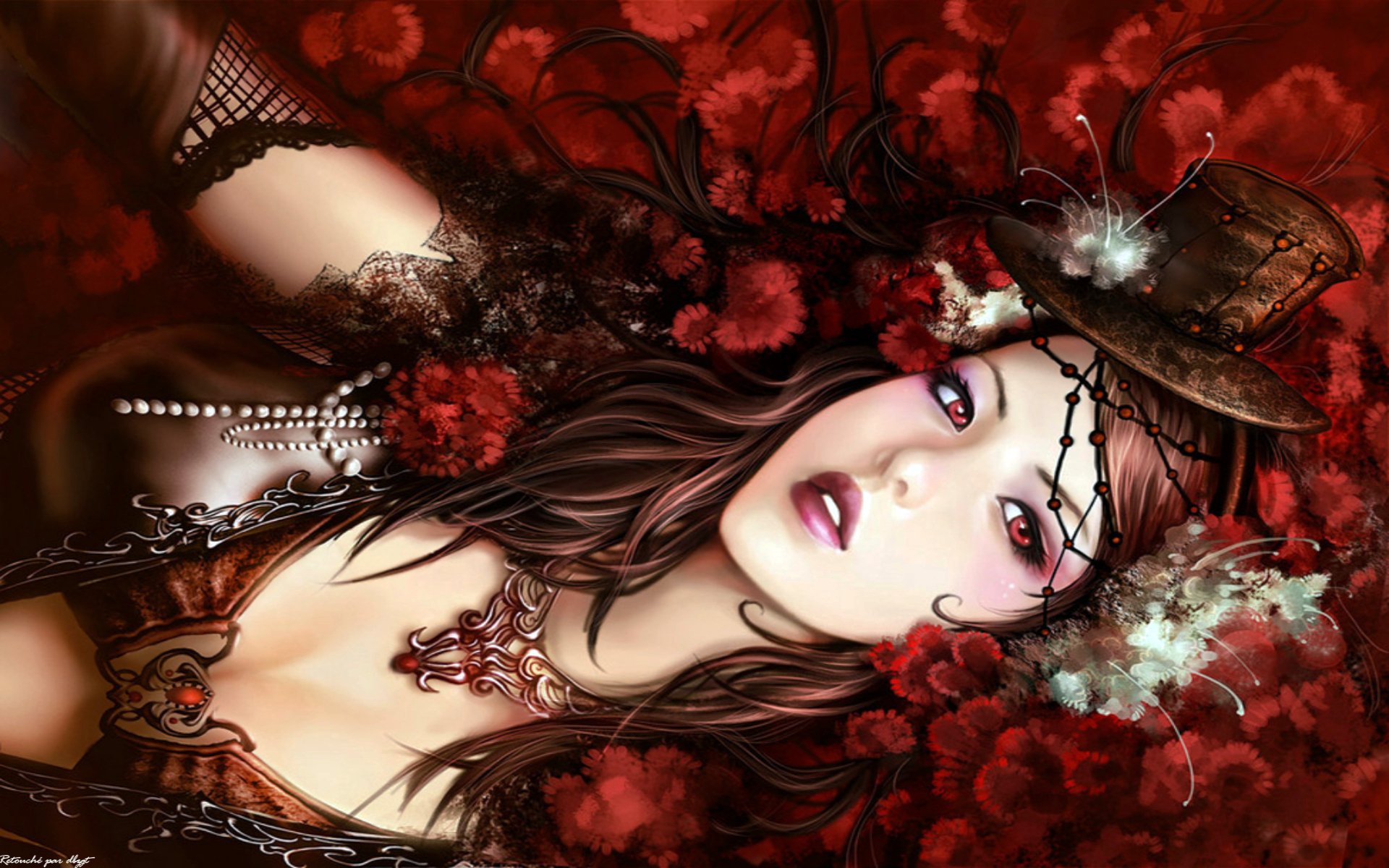 A captivating fantasy-themed HD desktop wallpaper featuring a woman surrounded by vibrant red flowers, exuding an enchanting and mysterious aura.