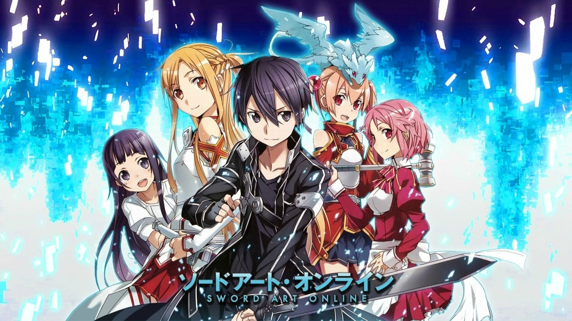 HD desktop wallpaper featuring characters from Sword Art Online: Lisbeth, Silica, Kirito, Yui, Asuna Yuuki, and Pina, with a dynamic and colorful background.