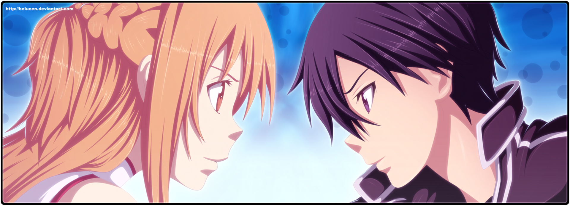 HD PC desktop wallpaper featuring close-up anime characters Kirito and Asuna Yuuki from Sword Art Online, highlighting their intense gaze in a vivid, detailed style.