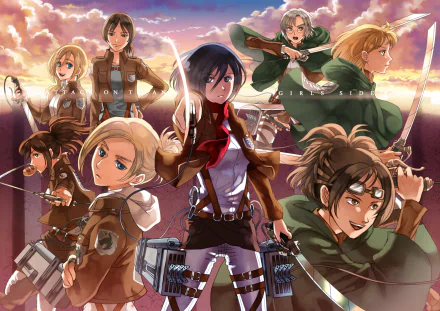 HD desktop wallpaper of Attack on Titan featuring characters Mikasa Ackerman, Hange Zoë, Annie Leonhart, Petra Ral, Historia Reiss, Rico Brzenska, Sasha Blouse, and Ymir in dynamic poses.