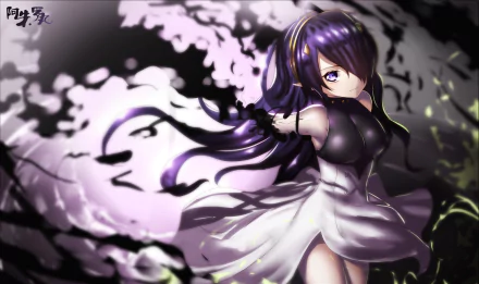 Anime character Asuramaru from Seraph of the End with purple eyes, long purple hair, and pointed ears, wearing a white dress and headband, depicted in an HD desktop wallpaper with an artistic background.