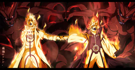 HD desktop wallpaper featuring Anime characters Kurama, Minato Namikaze, and Naruto Uzumaki from Naruto, showcasing intense and vibrant scenes with fiery energy and dramatic poses.