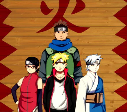 HD desktop wallpaper of characters Konohamaru Sarutobi, Boruto Uzumaki, Mitsuki, and Sarada Uchiha from Boruto: Naruto the Movie, standing against a wooden background with red symbols.