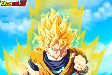 HD desktop wallpaper featuring Goku in Super Saiyan 2 form from Dragon Ball Z, with glowing yellow hair and aura, set against a vibrant blue sky background.