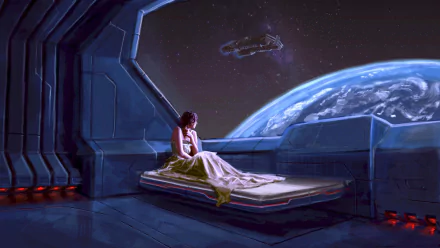 A high-definition sci-fi desktop wallpaper featuring a woman sitting on a platform in a futuristic space station, gazing out a large window at Earth and a spaceship.