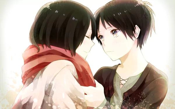 Eren Yeager and Mikasa Ackerman share an intimate moment in this HD desktop wallpaper from Attack on Titan, capturing the emotional depth of their bond in a beautifully illustrated anime style.