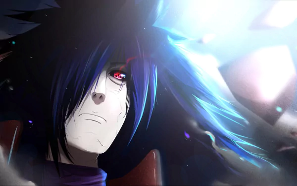 HD wallpaper featuring Madara Uchiha from Naruto, showcasing his Rinnegan and Sharingan eyes, with Akatsuki elements in the background. The image captures the intense and menacing aura of the character.