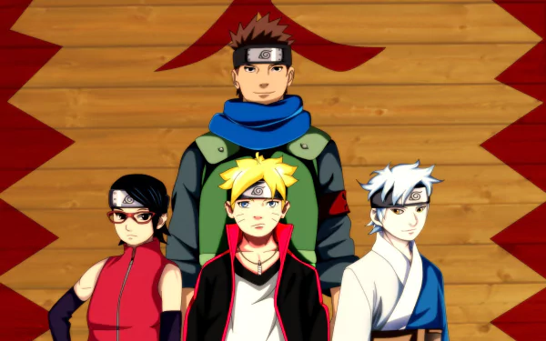 HD desktop wallpaper of characters Konohamaru Sarutobi, Boruto Uzumaki, Mitsuki, and Sarada Uchiha from Boruto: Naruto the Movie, standing against a wooden background with red symbols.