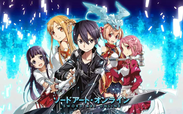 HD desktop wallpaper featuring characters from Sword Art Online: Lisbeth, Silica, Kirito, Yui, Asuna Yuuki, and Pina, with a dynamic and colorful background.
