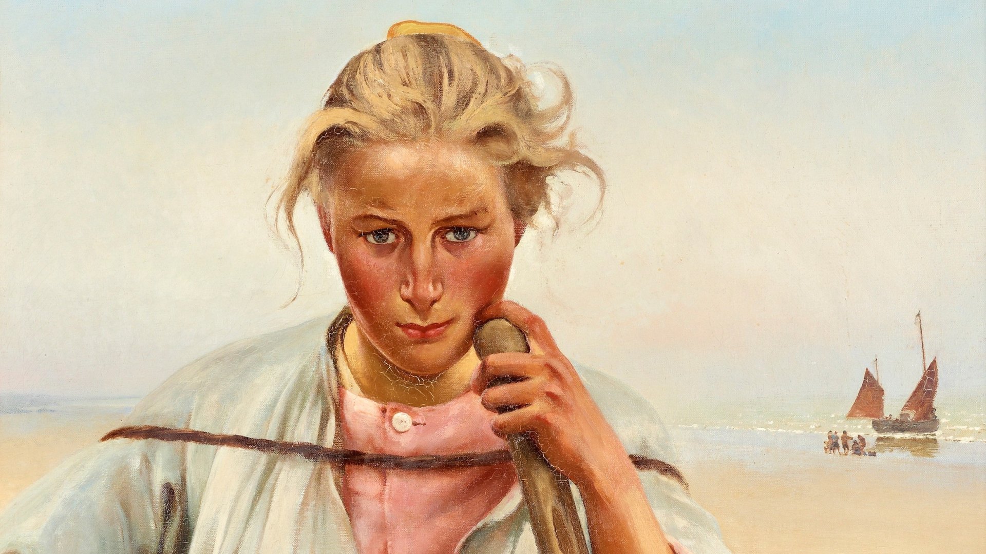 Artistic painting of a windswept young woman holding a rope on a pastel seashore, rendered in HD as a PC desktop wallpaper/background.